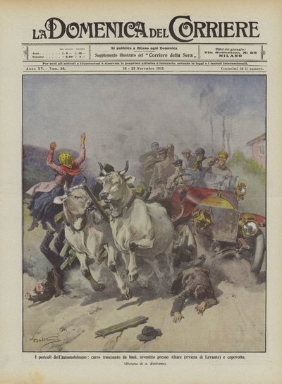 Die Gefahren des Automobilismus, von Ochsen gezogener Wagen bei Altare (Riviera di Levante) angefahren und umgestürzt von Achille Beltrame