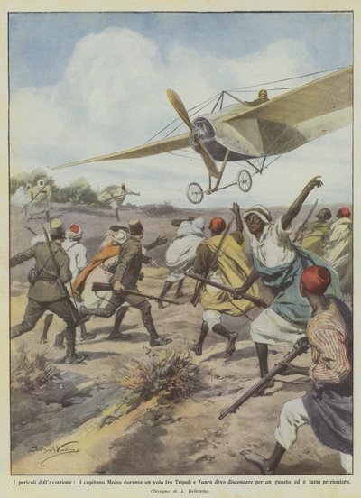 Die Gefahren der Luftfahrt, Hauptmann Moizo muss während eines Fluges zwischen Tripolis und Zuara landen von Achille Beltrame