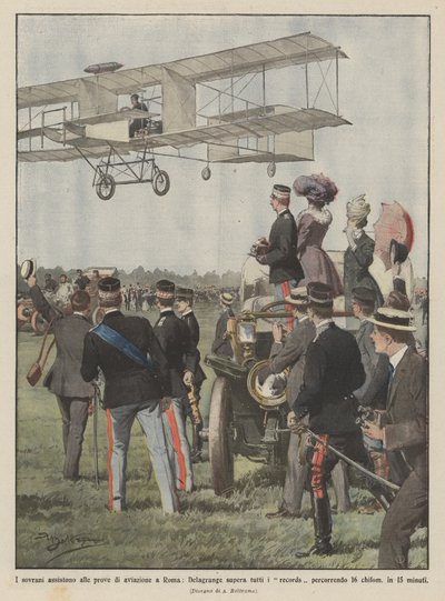 Die Monarchen beobachten die Flugversuche in Rom, Delagrange bricht alle Rekorde von Achille Beltrame