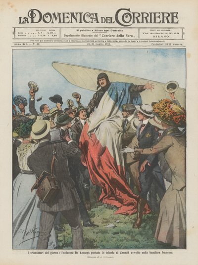 Die Triumphatoren des Tages, der Flieger De Lesseps wird in Kanada in der französischen Flagge gehüllt triumphierend getragen von Achille Beltrame