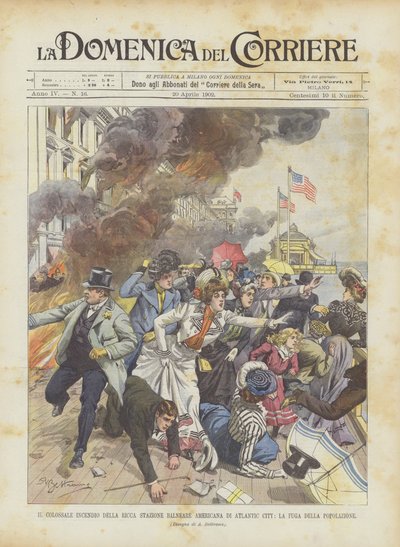 Der kolossale Brand des reichen Badeortes Atlantic City in Amerika, die Flucht der Bevölkerung von Achille Beltrame
