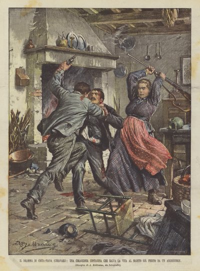 Das Drama von Costa-Piana (Chiavari), eine mutige Bäuerin rettet ihrem bereits verletzten Ehemann das Leben von Achille Beltrame