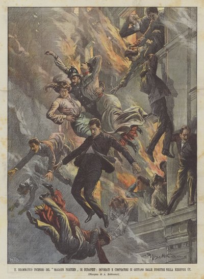 Der dramatische Brand des Magasin Parisien in Budapest, Angestellte und Käufer springen aus den Fenstern von Achille Beltrame