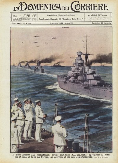 Der Duce beobachtet die Marineübungen des Jahres XII, ein großartiges Schauspiel der Stärke von Achille Beltrame