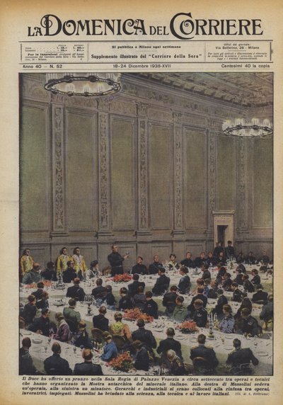 Der Duce hat in der Sala Regia des Palazzo Venezia ein Mittagessen für etwa siebenhundert Arbeiter angeboten von Achille Beltrame