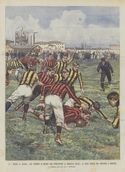 Das Fußballspiel im Trotter von Mailand um die Königliche Medaille, das Finale zwischen Mailändern und Turinern von Achille Beltrame