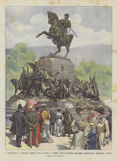 Das Denkmal für Prinz Amedeo, Herzog von Aosta, in Turin, des Bildhauers Calandra, eingeweiht letzten Mittwoch von Achille Beltrame