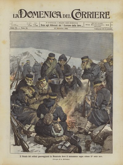 Das Weihnachtsfest der kämpfenden Soldaten in der Mandschurei, wo das Thermometer jetzt 15° unter Null zeigt von Achille Beltrame