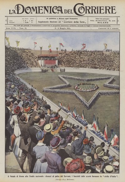 Das Weihnachtsfest in Rom im Nationalstadion, vor der Tribüne der Souveräne, die Schulkinder von Achille Beltrame