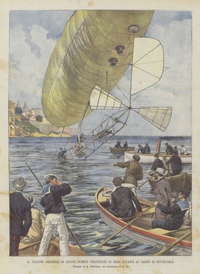 Das Luftschiff von Santos Dumont stürzt vor dem Casino von Monte Carlo ins Meer von Achille Beltrame
