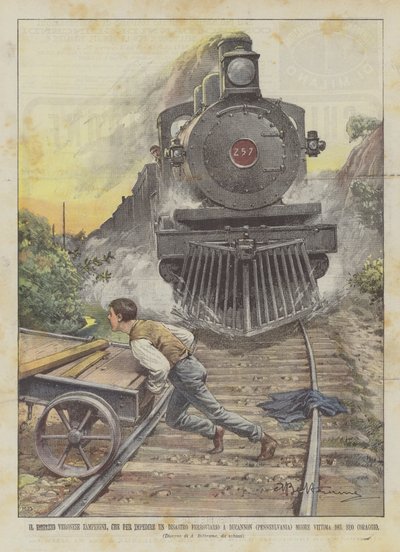 Der Veroneser Junge Zamperini, der eine Eisenbahnkatastrophe in Ducannon verhindert von Achille Beltrame