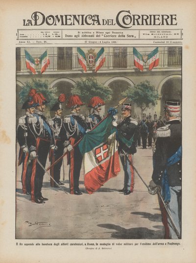 Der König hängt die Tapferkeitsmedaille an die Flagge der Carabinieri-Schüler in Rom von Achille Beltrame