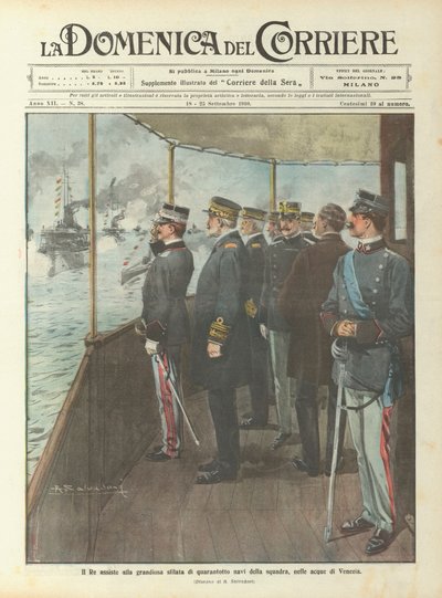 Der König beobachtet die großartige Parade von achtundvierzig Schiffen der Flotte in den Gewässern von Venedig von Achille Beltrame