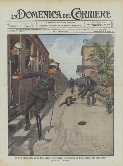 Der König von Spanien springt aus einem noch fahrenden Zug, um einem von demselben Zug erfassten Kind zu helfen von Achille Beltrame