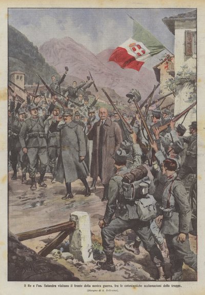 Der König und Salandra besuchen die Front unseres Krieges, unter dem begeisterten Jubel der Truppen von Achille Beltrame