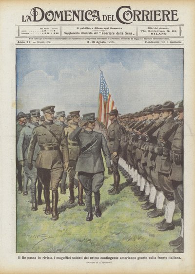 Der König Inspiziert Die Prächtigen Soldaten Des Ersten Amerikanischen Kontingents, Das An Der Italienischen Front Ankam von Achille Beltrame