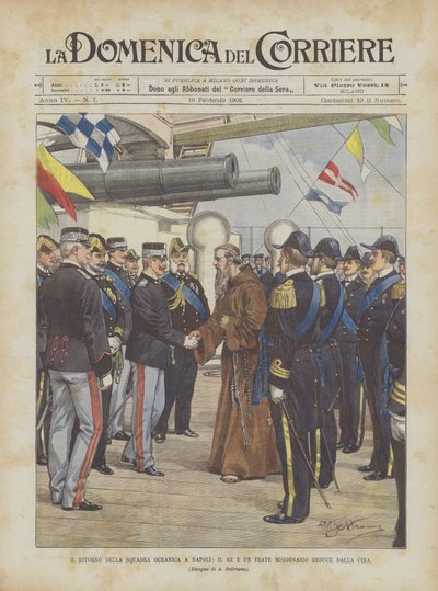 Die Rückkehr der Ozeanflotte nach Neapel, der König und ein Missionarsbruder aus China von Achille Beltrame
