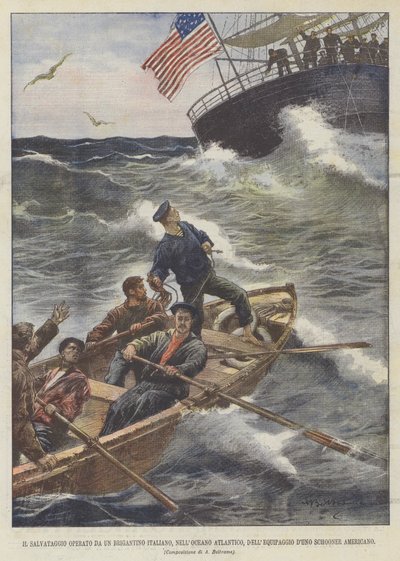 Die Rettung durch einen italienischen Schoner im Atlantischen Ozean, die Besatzung eines amerikanischen Schoners von Achille Beltrame