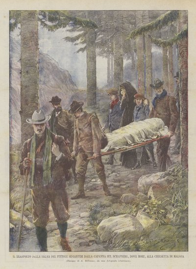 Der Transport der Leiche des Malers Segantini von der Hütte auf dem Schafberg, wo er starb, zur Kapelle von Maloja von Achille Beltrame