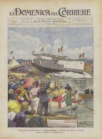 Der Stapellauf des großen Schlachtschiffs Regina Margherita in La Spezia am 30. Mai von Achille Beltrame