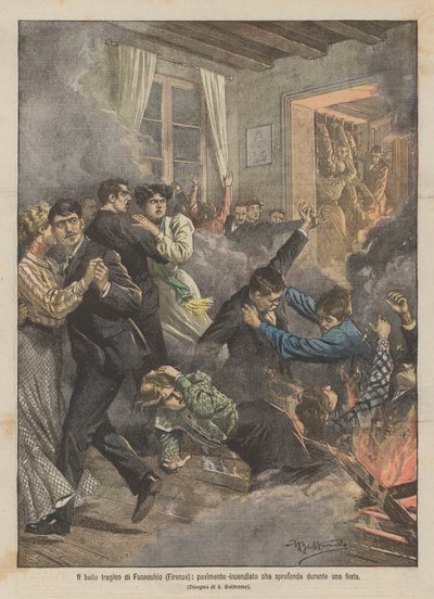 Der tragische Ball von Fucecchio (Florenz), ein brennender Boden, der während einer Feier einstürzt von Achille Beltrame