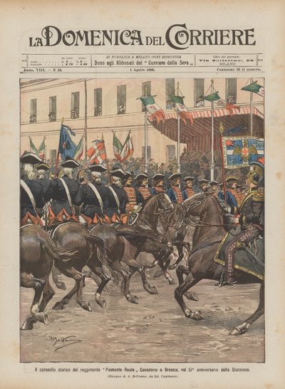 Das historische Karussell des Regiments Piemonte Reale Cavalleria in Brescia, zum 57. Jahrestag der Storzesca von Achille Beltrame