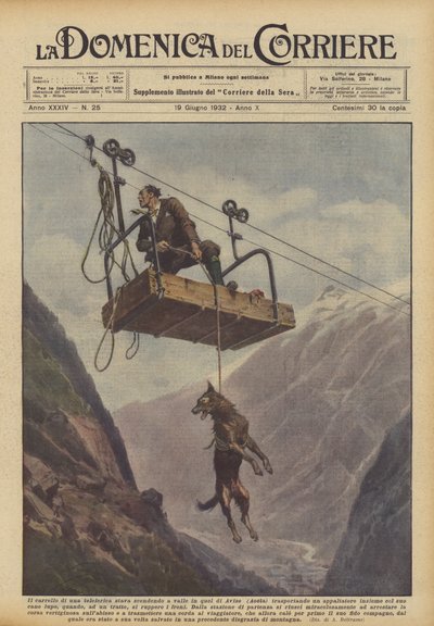 Der Wagen einer Seilbahn fuhr ins Tal in Avise (Aosta) und transportierte... von Achille Beltrame