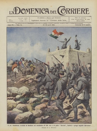 Il col Maddalena hisst die Flagge auf dem Marabut von Sidi Aziz und ruft Savoia! von Achille Beltrame