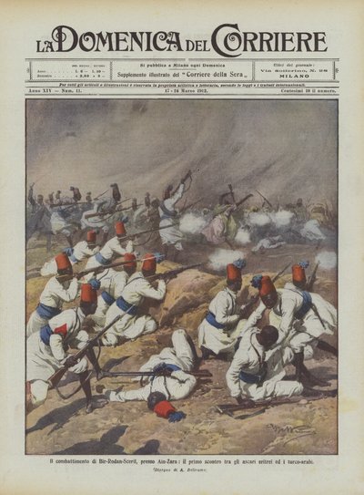 Der Kampf von Bir-Rodan-Scherif bei Ain-Zara, das erste Gefecht zwischen den eritreischen Askaris und den türkisch-arabischen Truppen von Achille Beltrame