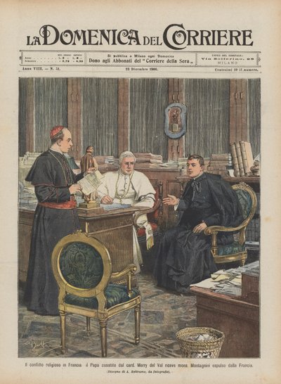 Der religiöse Konflikt in Frankreich, der Papst empfängt in Begleitung von Kardinal Merry del Val Monsignore von Achille Beltrame