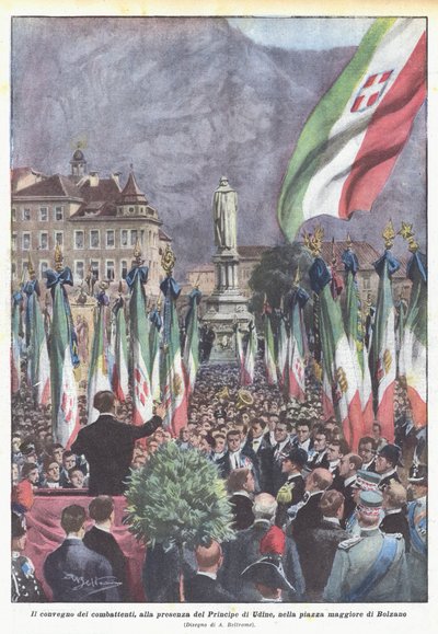 Das Treffen der Kämpfer in Anwesenheit des Prinzen von Udine auf dem Hauptplatz von Bozen von Achille Beltrame