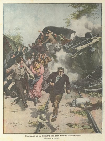 Die Entgleisung einer Lokomotive auf der Straßenbahnlinie Mailand-Gallarate von Achille Beltrame