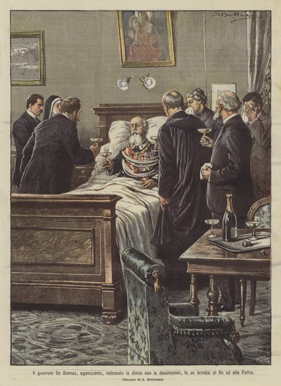 General De Sonnaz, im Sterben liegend, trägt die Uniform mit den Auszeichnungen und bringt einen Toast auf den König und das Vaterland aus von Achille Beltrame