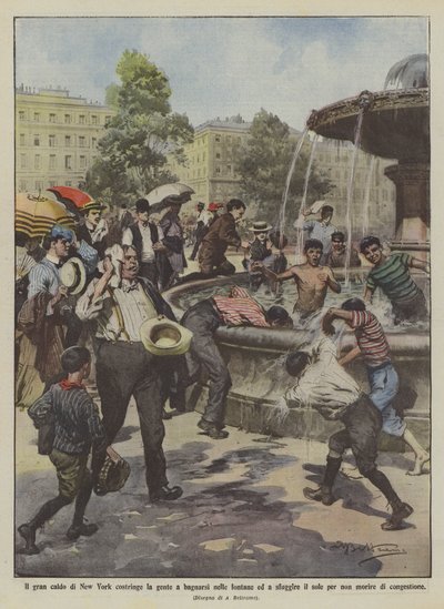 Die große Hitze in New York zwingt die Menschen, in Brunnen zu baden und der Sonne zu entkommen von Achille Beltrame