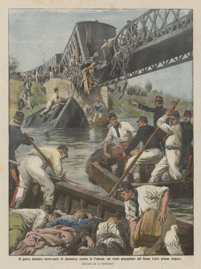 Das schwere Eisenbahnunglück vom letzten Sonntag in Frankreich, ein Zug stürzt in den Fluss Loire bei Angers von Achille Beltrame