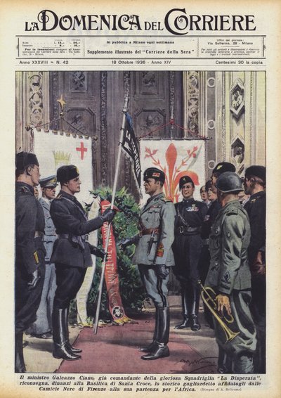 Der Minister Galeazzo Ciano, ehemaliger Kommandant der glorreichen Staffel La Disperata, übergibt ? von Achille Beltrame