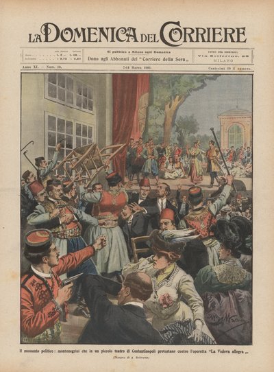 Die politische Situation, Montenegriner protestieren in einem kleinen Theater in Konstantinopel von Achille Beltrame