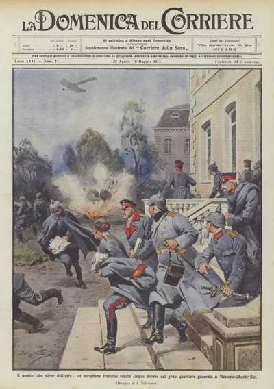 Der Feind aus der Luft, ein französisches Flugzeug wirft fünf Bomben auf das Hauptquartier von Achille Beltrame