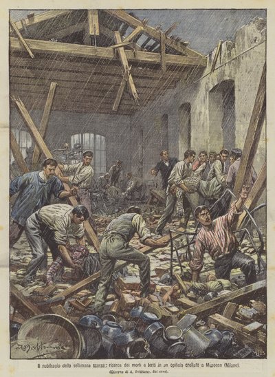 Das Unwetter der letzten Woche, Suche nach Toten und Verletzten in einer eingestürzten Fabrik in Musocco (Mailand) von Achille Beltrame