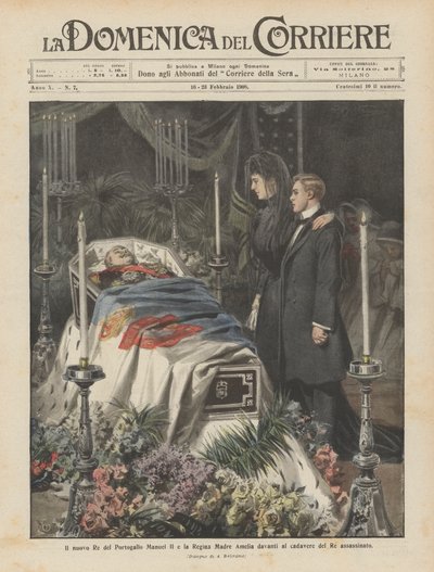 Der neue König von Portugal Manuel II. und die Königinmutter Amelia vor der Leiche des ermordeten Königs von Achille Beltrame