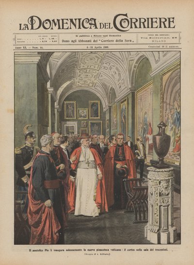 Papst Pius X. eröffnet feierlich die neue Vatikanische Pinakothek, der Umzug in der Sala dei Trecentisti von Achille Beltrame
