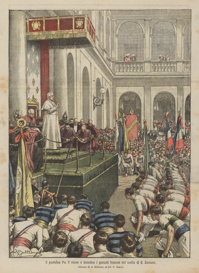 Papst Pius X. empfängt und segnet die französischen Turner im Hof von S. Damaso von Achille Beltrame