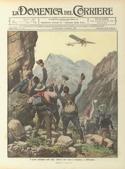 Das erste Flugzeug über den Alpen, Chavez fliegt in Richtung Simplon auf 2500 Metern von Achille Beltrame