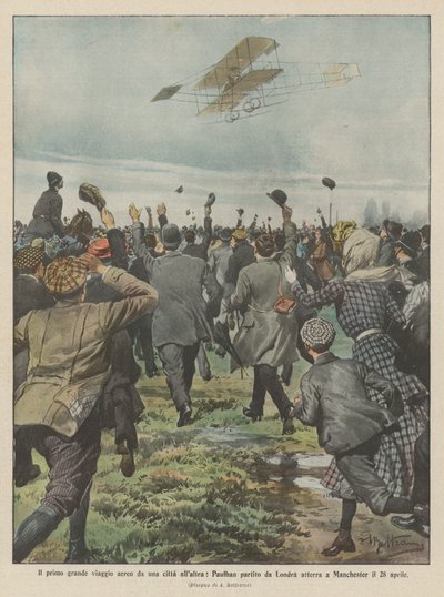 Die erste große Flugreise von einer Stadt zur anderen, Paulhan startete in London und landete am 28. April in Manchester von Achille Beltrame