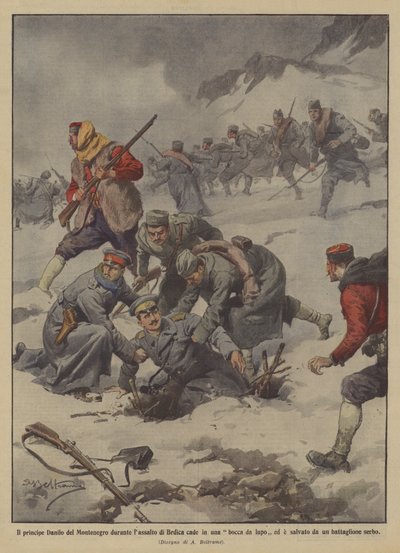 Prinz Danilo von Montenegro fällt während des Angriffs auf Brdica in eine Wolfsgrube von Achille Beltrame