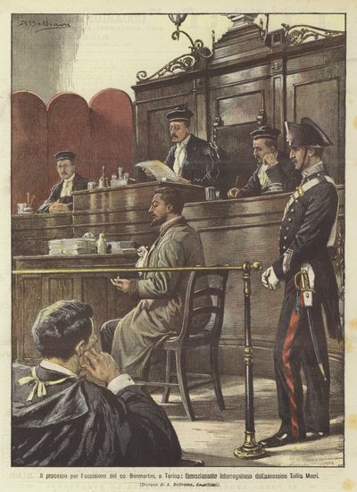 Der Prozess wegen der Ermordung des Grafen Bonmartini in Turin, das emotionale Verhör des Mörders Tullio Murri von Achille Beltrame