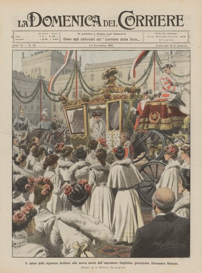 Der Gruß der Berliner Damen an die neue Schwiegertochter des Kaisers Wilhelm, Prinzessin Alexandra Holstein von Achille Beltrame