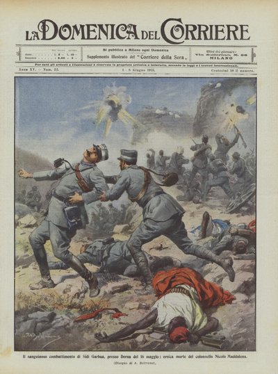 Der blutige Kampf von Sidi Garbaa bei Derna am 16. Mai, der heroische Tod von von Achille Beltrame