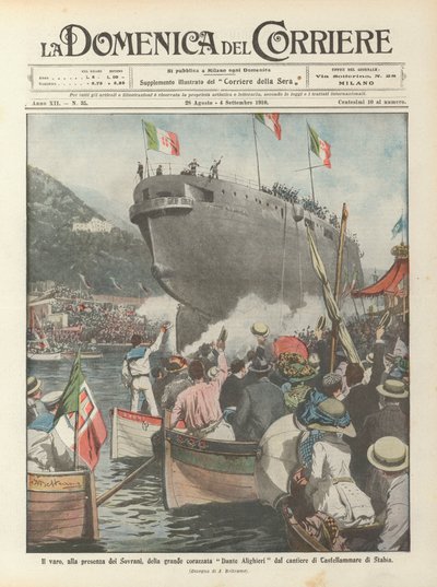Der Stapellauf des großen Schlachtschiffs Dante Alighieri in Anwesenheit der Herrscher auf der Werft von Castellammare di Stabia von Achille Beltrame
