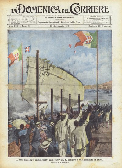 Der Stapellauf des Super-Dreadnought Caracciolo in der königlichen Werft von Castellammare di Stabia von Achille Beltrame